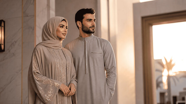 Muslim couple in traditional modest fashion walking indoors during celebration