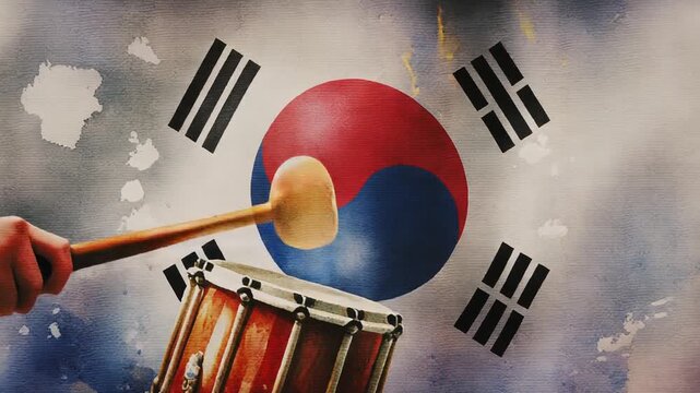 Wooden Mallet Striking Traditional Drum Against Textured Flag Style Backdrop