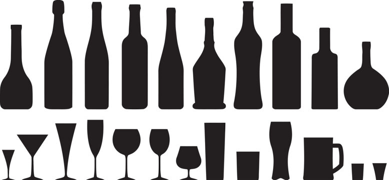 Alcohol bottle and glassware silhouettes set for bar menu design