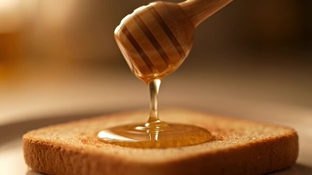 Close up of hand drizzling honey on bread slice against soft focus backdrop