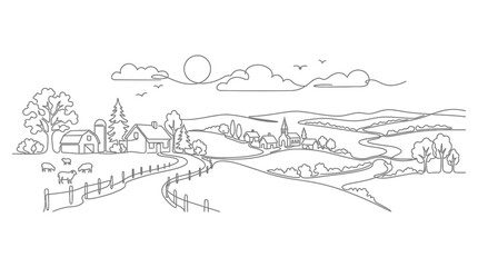 Hand drawn farm landscape sketch with rolling hills and grazing sheep. © amek_syadi