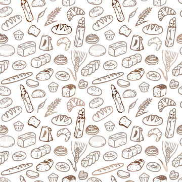 Bakery seamless pattern with hand-drawn bread and wheat illustrations