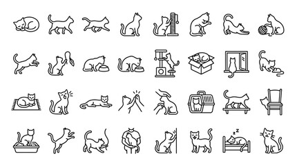 Set of various cat line art icons depicting feline behaviors and activities. © amek_syadi