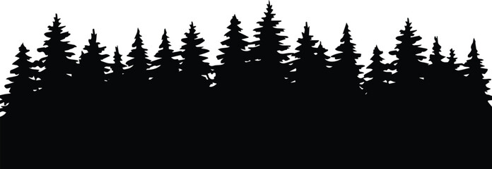 trees silhouette set with dense forest outline featuring nature, black, white with background and landscape elements © AIcon Star