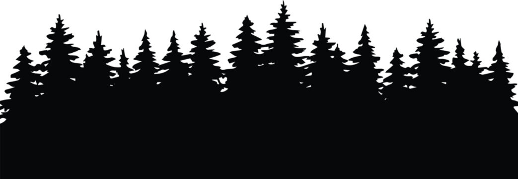 trees silhouette set with dense forest outline featuring nature, black, white with background and landscape elements