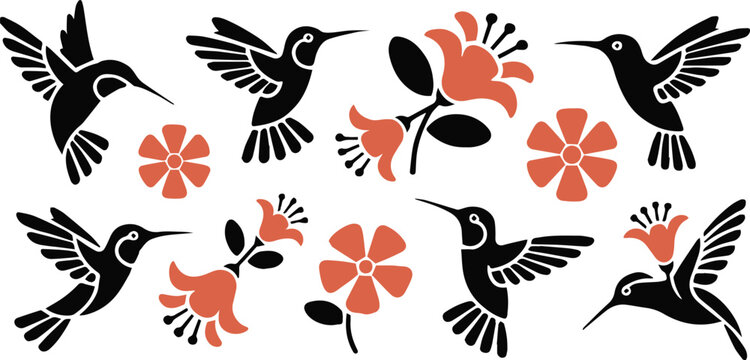bird flying pattern with orange flowers and wing details in seamless decorative repeat