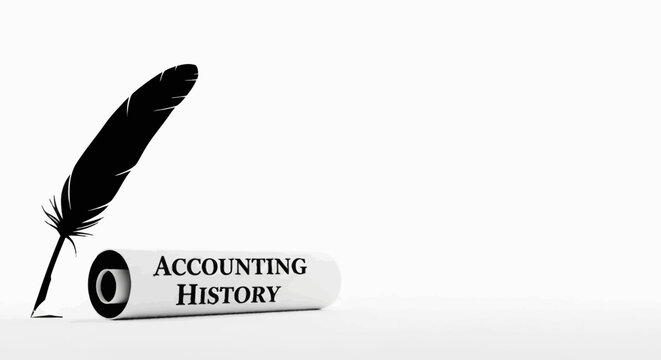 A vintage feather quill pen resting next to an ancient paper scroll labeled accounting history.