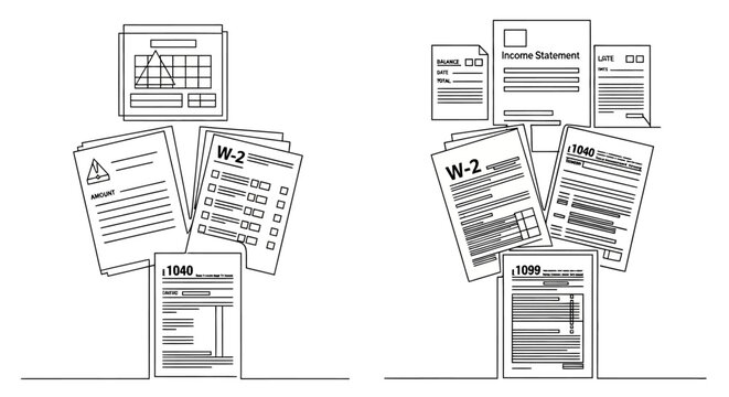 Continuous line drawing of US tax forms including W2 and 1040 documents.
