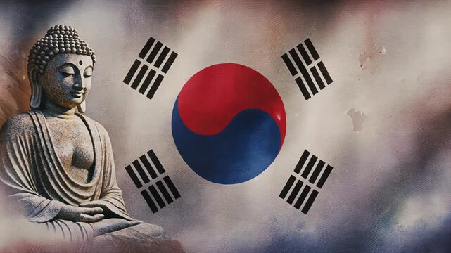 Stone Buddha Statue Resting Beside Textured Red Blue Flag Background
