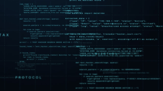 Futuristic digital programming code on software screen