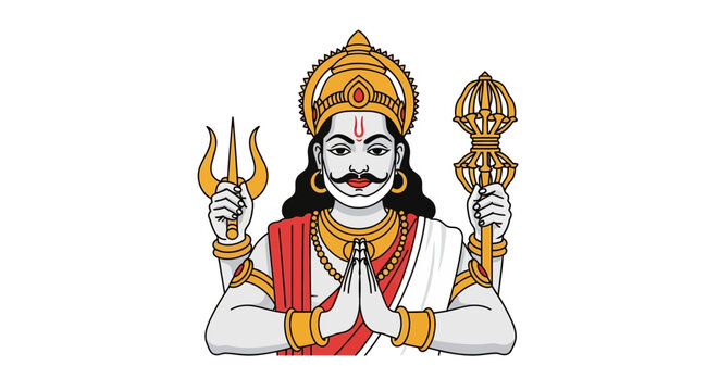 Hindu Deity Shani Dev with folded hands, trident, and mace, colorful illustration