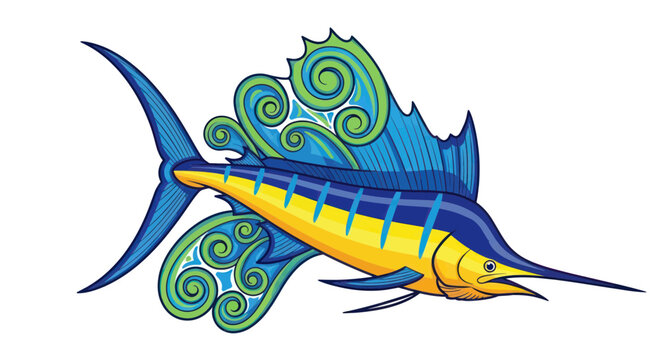Artistic Marlin Fish Illustration with Swirling Blue and Green Patterns