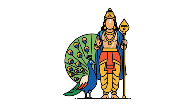 Hindu Deity Murugan with Peacock, Indian God Illustration, Religious Symbol
