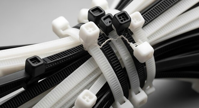 A close up view of white and black nylon cable ties bundled together.