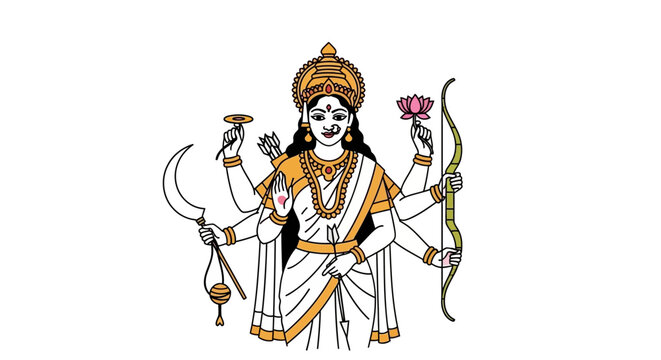 Goddess Durga illustration, Hindu deity, warrior, multiple arms, holding weapons