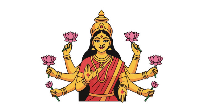 Hindu Goddess Durga with Multiple Arms Holding Lotus Flowers, Indian Culture