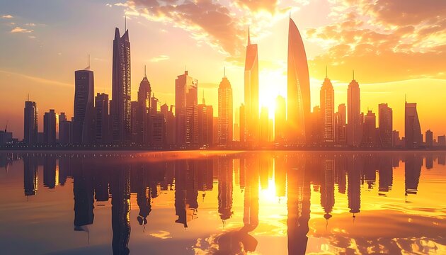 A serene cityscape at sunset with skyscrapers reflected in calm water (187)