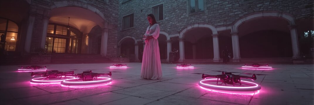 Woman in pink dress standing among glowing pink neon circles on a stone patio at night in front of a building with arches