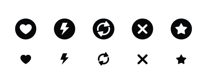 Dating app interface icons featuring heart, lightning, refresh, cross, and star symbols for social media and match making platforms. Vector illustration.