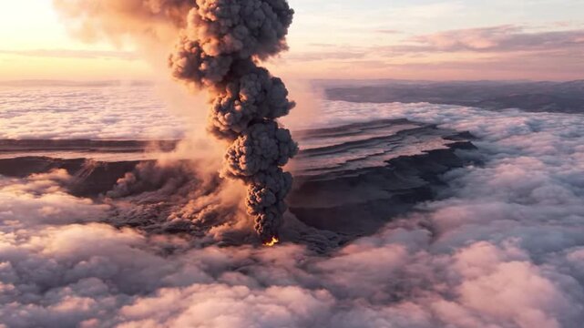 Massive volcanic eruption spewing ash cloud high into the sky above a blanket of clouds at sunrise