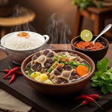 Delicious Oxtail Soup with Rice and Chili Paste on Wooden Tray