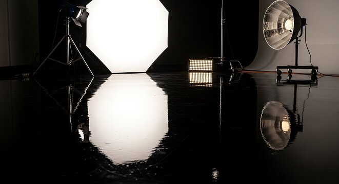 Professional Photography Studio Setup with Reflective Surface.