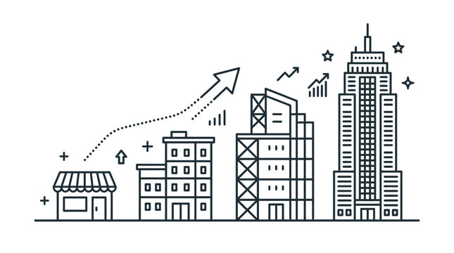 Business growth concept with building progression and upward arrow line art.