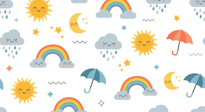 Seamless pattern of cute weather icons including suns, moons, rainbows, clouds, and raindrops for children design.