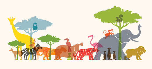 Obraz premium Colorful wild animal silhouettes in savanna landscape illustration