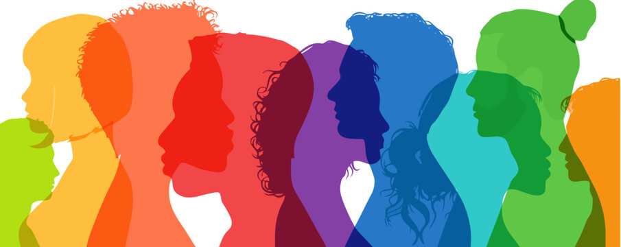 Colorful profiles of diverse people, layered silhouettes, unity concept