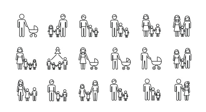 Extensive collection of minimalist line icons representing various family structures and parents with baby strollers.