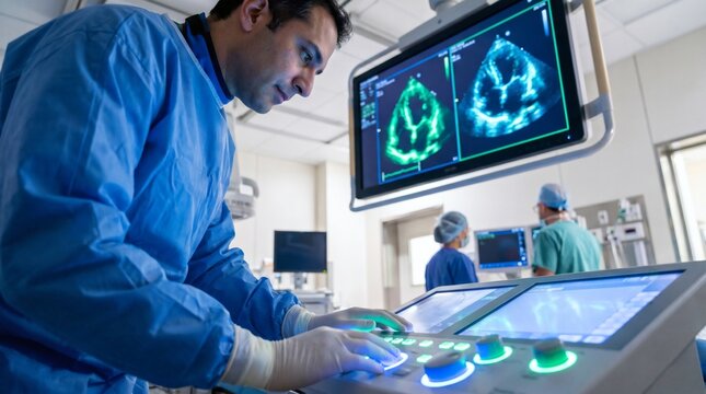 Cardiologist operating fluoroscopy control during cardiac catheterization.