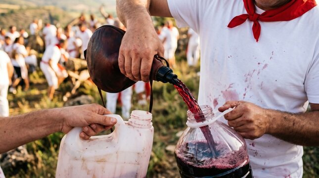 Man pouring wine from a bota bag at a traditional Spanish wine festival
