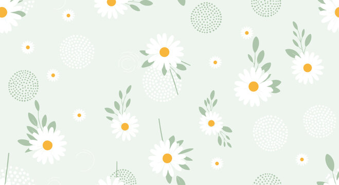 Seamless floral background pattern featuring white daisy flowers and green leaves on a soft light green background.
