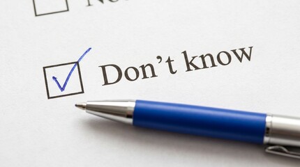 Obraz premium Hand Checking Don't Know Box with Blue Pen on White Paper Form Decision Uncertainty