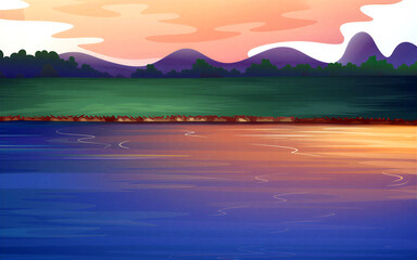 Fototapeta premium Peaceful sunset landscape with mountains and calm lake reflection