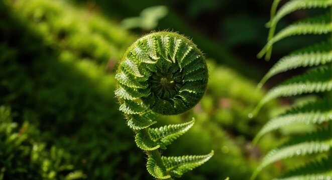 Green Fern Frond Unfurling in a Spiral Pattern