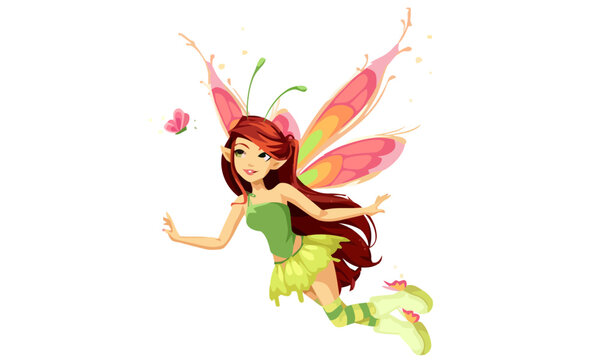 Cute Cartoon Fairy Flying with Pink Wings, Whimsical Fantasy Character