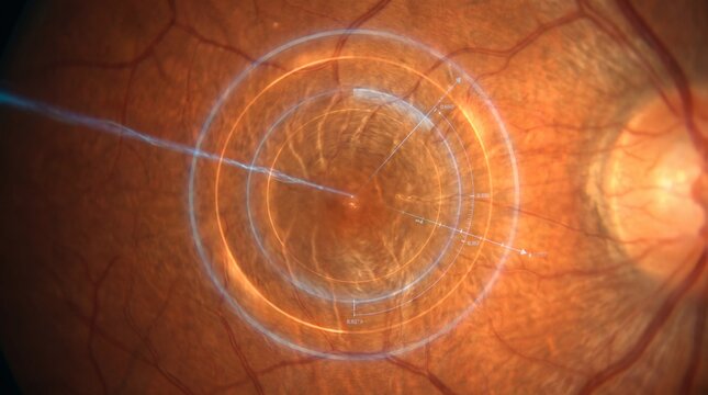 Futuristic retinal scan with digital diagnostic overlays and macular mapping.