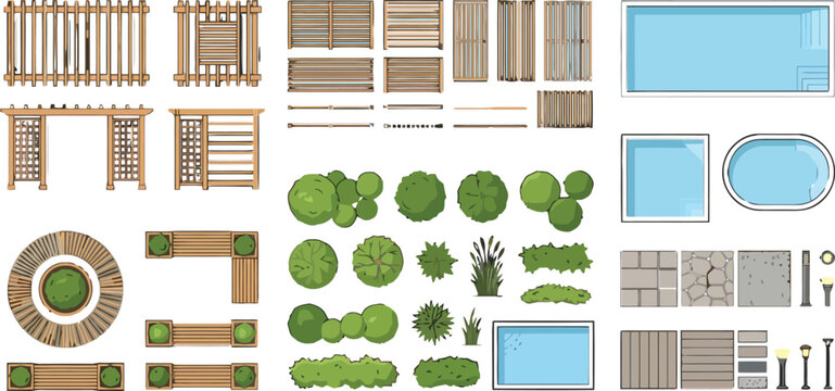 Flat design backyard layout with wooden fences, plants, pools, and garden furniture vector icons