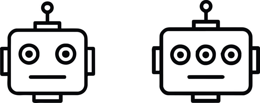 robot face icon pair with thin line art outlines and simple flat technology style