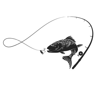 Fishing rod and hooked bass fish silhouette, outdoor recreation