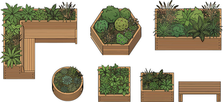 Flat design urban garden planters and seating arrangement with lush greenery vector illustration