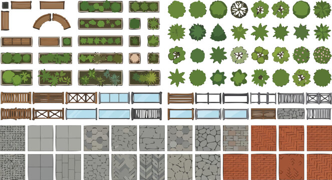 Flat design urban park elements collection with plants trees benches fences and pavement textures