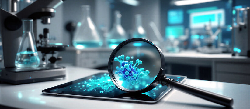 Scientific research and digital analysis of virus under magnifying glass