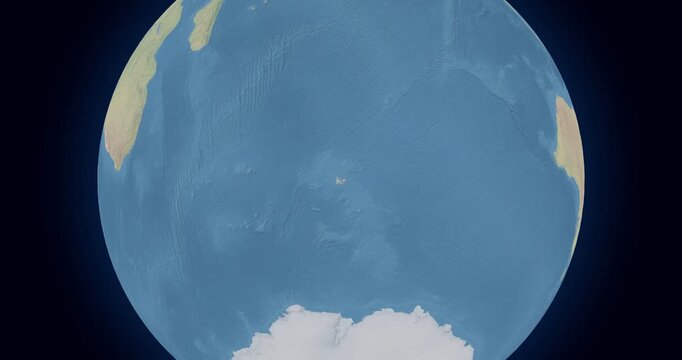 French Southern and Antarctic Lands on Globe. Zoom into the country with Earth spinning on dark background. Physical world map with French Southern and Antarctic Lands and label on it.