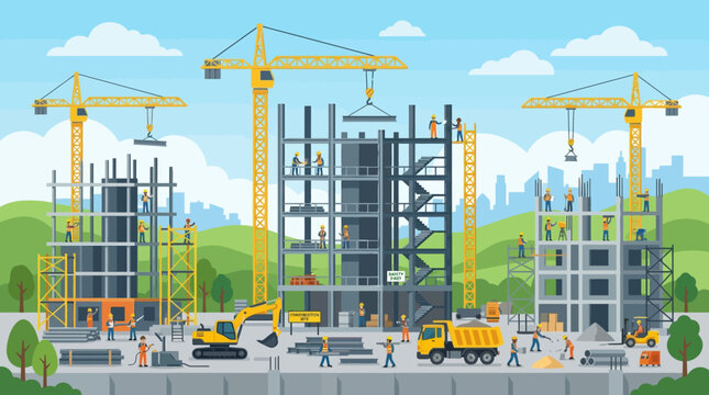 Construction site illustration with cranes, builders, and cityscape background