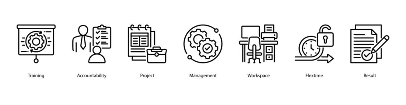 Project Management web banner icon vector illustration featuring Training, Accountability, Project, Management, Workspace, Flextime, and Result.