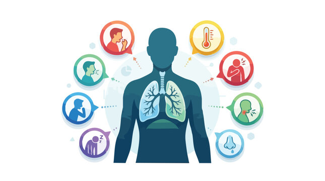 Hantavirus symptoms infographic vector showing human body with lungs and icons of people affected by the virus