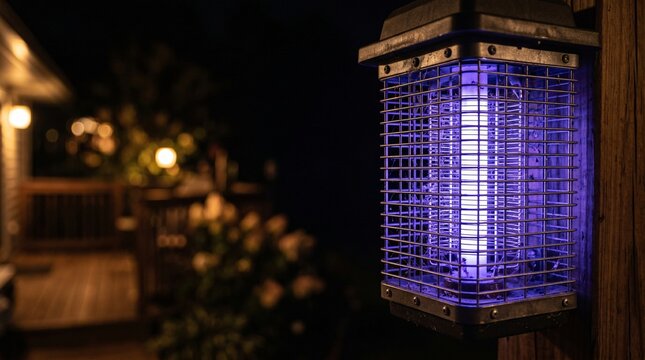 Electric bug zapper with its violet UV glow, summer night porch